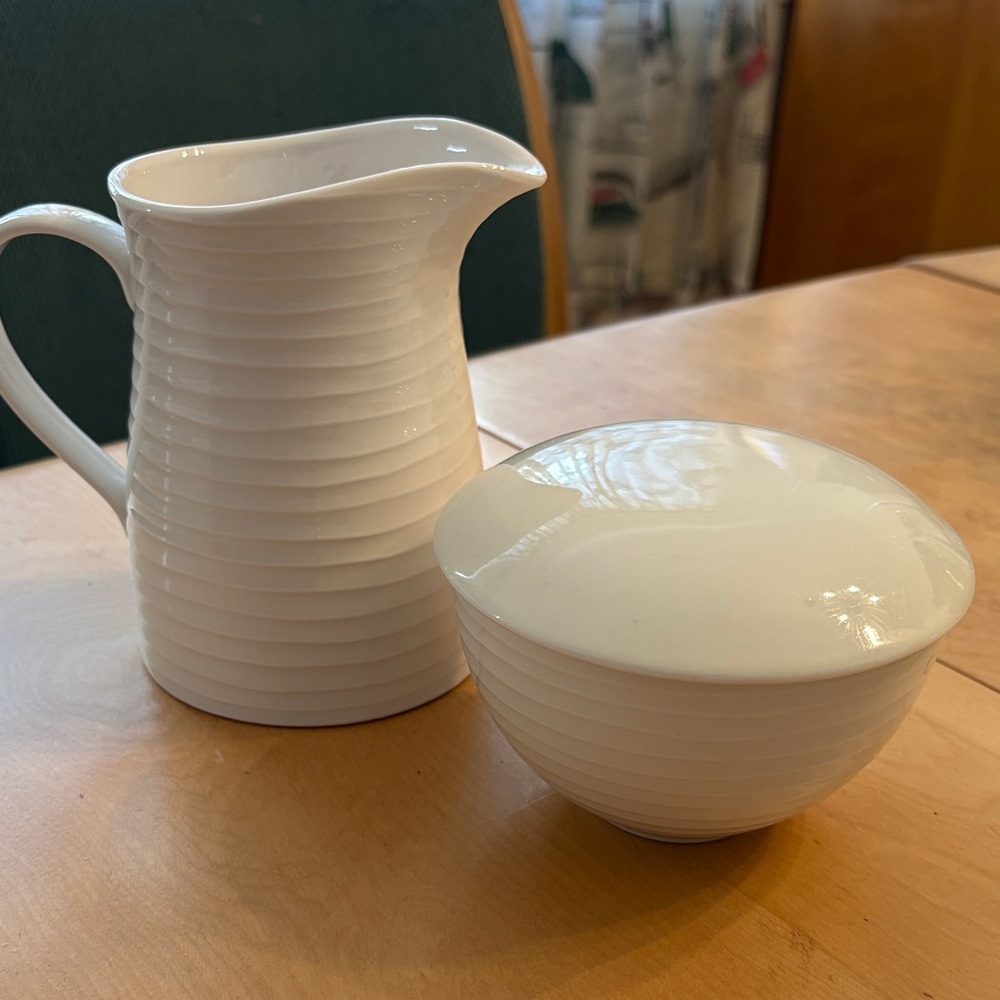 Design House Stockholm White Ceramic Pitcher and Covered Sugar Bowl.